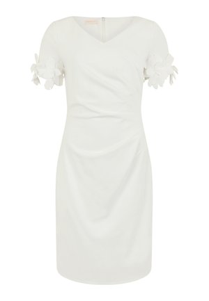 Vestido blanco hasta la rodilla con mangas cortas, escote en V, cremallera trasera y apliques florales 3D en las mangas.