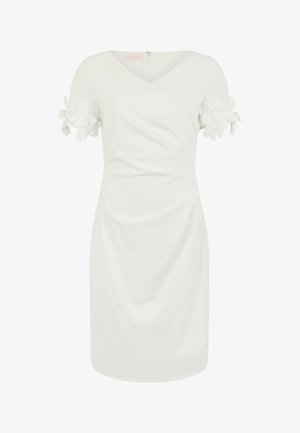 Vestido blanco hasta la rodilla con mangas cortas, escote en V, cremallera trasera y apliques florales 3D en las mangas.