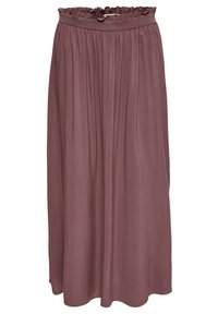 Lange, plissierte Rock in einem Mauve-Ton, gefertigt aus weichem Stoff. Verfügt über einen elastischen Taillenbund mit einem gerüschten oberen Rand und einem fließenden Design.
