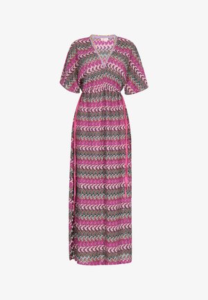 Maxi kleit, millel on värvikas lainemuster roosa, rohelise ja valgega. V-kaelusega disain lühikeste hõljuvate varrukatega ja vööpidi talje peal.