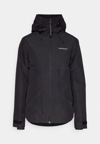 Veste imperméable Didriksons noire avec capuche, fermeture éclair frontale, poches latérales zippées et sangles ajustables aux poignets.