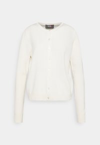 Biała kardigan z okrągłym dekoltem, długimi rękawami i zapięciem na guziki. Miękka tekstura z prążkowanymi mankietami i dolnym wykończeniem. Prosty fason, bez wzorów.