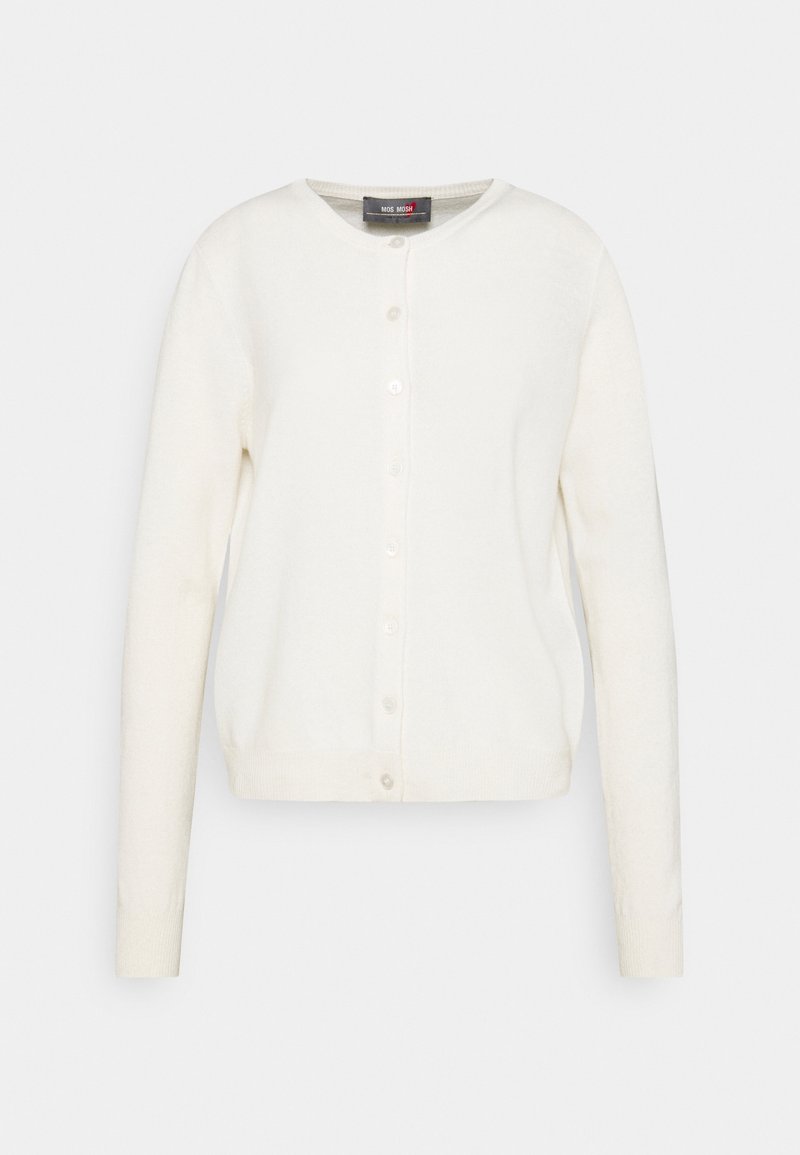 Biała kardigan z okrągłym dekoltem, długimi rękawami i zapięciem na guziki. Miękka tekstura z prążkowanymi mankietami i dolnym wykończeniem. Prosty fason, bez wzorów.