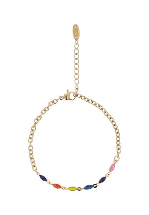 Bracciale a catena d'oro con piccoli anelli ovali smaltati multicolore in rosa, blu, arancione e giallo, con chiusura a moschettone e catena regolabile.