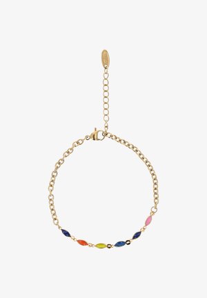 Bransoletka z złotego łańcuszka z małymi, wielokolorowymi owalnymi emaliowanymi ogniwami w kolorach różowym, niebieskim, pomarańczowym i żółtym, wyposażona w zapięcie typu karabińczyk i regulowany łańcuszek.