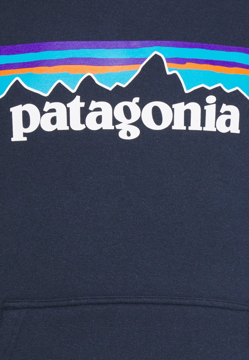 Navy blue sweatshirt featuring a prominent white "patagonia" logo, overlaid with colorful mountain range graphics in purple, blue, and orange.