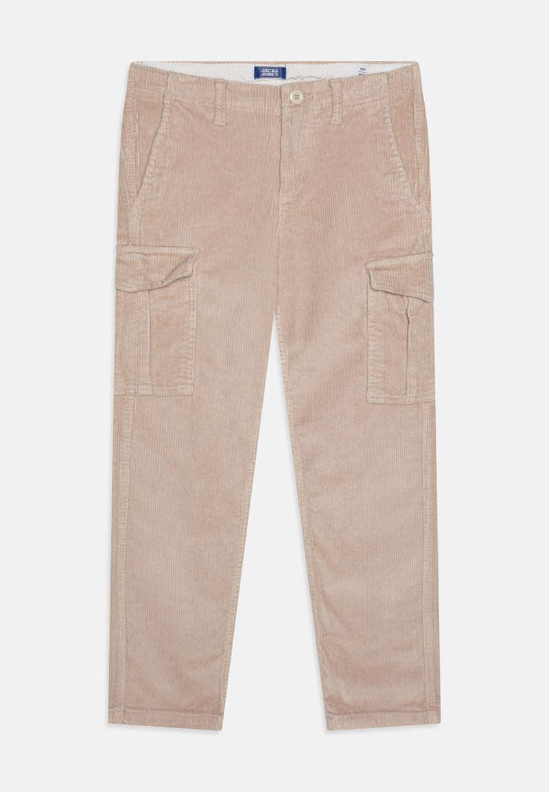 Bežani kordura cargo hlače s dva bočna džepa, dva cargo džepa na bedrima i kopčom na dugme; rebrasta tekstura i ravni kroj.