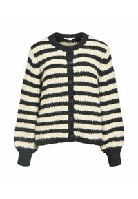 Strikket cardigan lavet af blødt strikmateriale. Har sorte og cremefarvede vandrette striber, rund halsudskæring og knapper foran.