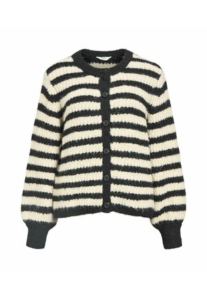 Gilet rayé en matériau tricot doux. Caractéristiques : rayures horizontales noires et crème, col rond et boutons à l'avant.