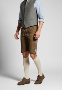 Pantaloni lederhosen marroni con cuciture decorative, abbinati a un gilet grigio e calze al ginocchio grigio chiaro. Le scarpe marroni con lacci completano il look.