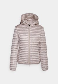 Lichtbeige pufferjas met capuchon, voorzien van horizontale gestikte textuur, een rits aan de voorkant en een gladde stofafwerking.
