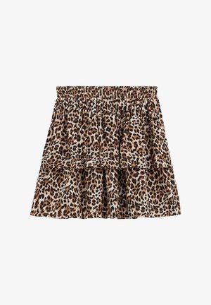 Lag-på-lag nederdel med elastisk linning i brun, sort og hvid leopardprint.