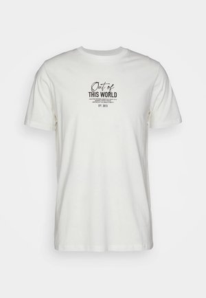 White cotton t-shirt featuring a black graphic print with text. Short sleeves and crew neckline, simple design with no additional embellishments.