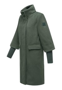 Manteau en polaire vert avec un col haut, des manches longues et des poches latérales. Il possède un tissu texturé et des poignets côtelés. Fini avec un écusson logo.