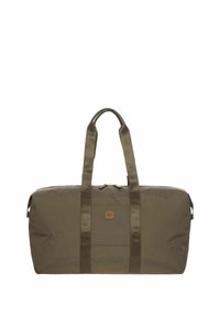 Sac de sport en nylon vert olive, doté de deux poignées en tissu résistantes, d'une fermeture éclair et d'un patch en cuir avec logo sur le devant.