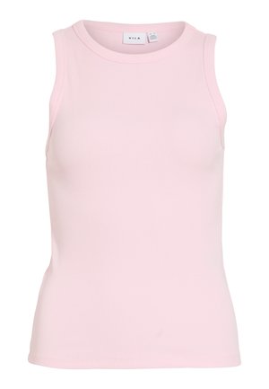 Ermeløs, ribbestrikket, lyserosa tanktopp med rund halsringning, tettsittende silhuett og merkeetikett på innsiden av kragen.
