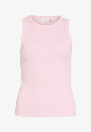 Ermeløs, ribbestrikket, lyserosa tanktopp med rund halsringning, tettsittende silhuett og merkeetikett på innsiden av kragen.