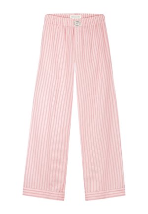 Light pink pajama pants with thin vertical red stripes, elastic waistband, buttoned fly, and cuffed wide legs.
