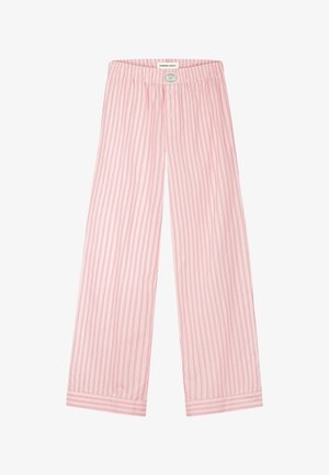Light pink pajama pants with thin vertical red stripes, elastic waistband, buttoned fly, and cuffed wide legs.