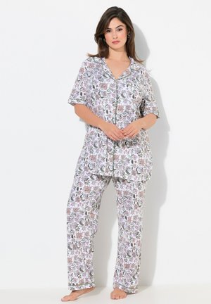 Bordeauxfarbenes Baumwoll-Pyjama-Set mit floralem Muster, bestehend aus einem kurzärmeligen, knöpfbaren Oberteil mit Kragen und einer lockeren Hose mit einem Gummibund.