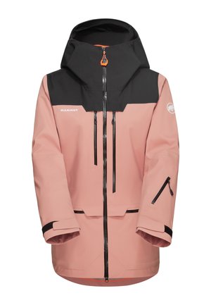 Pink waterproof jacket with a black hood, front zipper, and zippered pockets. Features adjustable cuffs and ventilation openings.