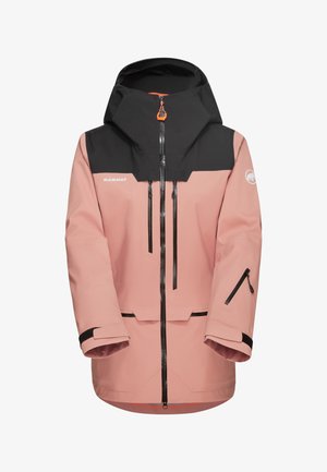 Roze waterdichte jas met een zwarte capuchon, voorkant rits en ritszakken. Voorzien van verstelbare manchetten en ventilatieopeningen.