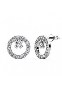 Orecchini a pendente in argento con un design circolare, decorati con strass trasparenti e un accento floreale al centro.