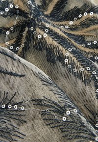 Beige verkkoaine, jossa on mustia brodeerattuja kuvioita ja hajallaan olevia hopeisia paljetteja, luoden tekstuurillisen, koristeellisen muotoilun.