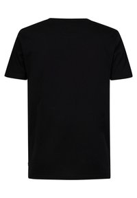 T-shirt noir à manches courtes en coton, avec un col rond et une texture lisse. Pas de motifs ni d'accents visibles.
