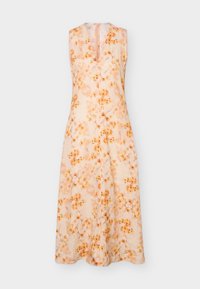 Αμάνικο, φόρεμα μήκους μέχρι το γόνατο με V-λαιμόκοψη, ανοιχτό μπεζ βάση και πορτοκαλί λουλουδένιο σχέδιο, εμφανίζεται σε απλό ανοιχτό γκρι φόντο.