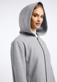 Grijze zip-up hoodie van zacht, gestructureerd materiaal, met een grote capuchon en contrasterende rits, ontworpen voor comfort met een ontspannen pasvorm.