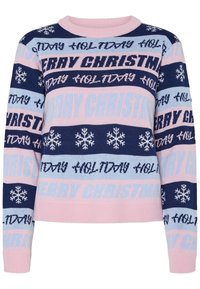Pull de Noël en tricot avec des rayures alternées de bleu marine, bleu clair et rose. Le texte inclut "JOLI NOËL" et des motifs de flocons de neige.