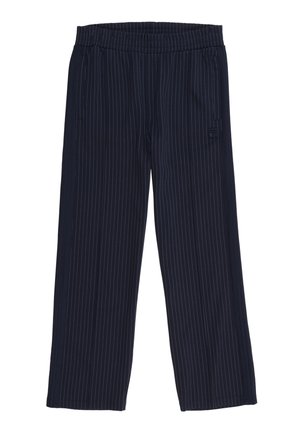 Pantaloni blu navy con sottili righe verticali bianche e taglio a gamba dritta, con vita elasticizzata e tasche laterali.