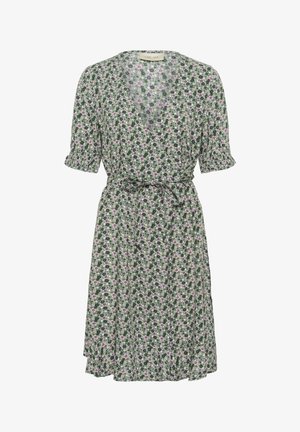 Floral dress with a green background, featuring small pink and white flowers, short sleeves, a wrap design, and a tied waist belt.