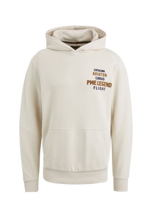 Bež pulover s kapuljačom i prednjim džepom, s izvezenim tekstom u tamnosmeđoj i svjetlosmeđoj boji. Ima kapuljaču s uže i rebraste manžetne.