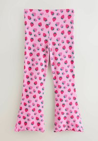 Roza rebrasta pajkice z razširjenim robom, s celotnim potiskom jagod v odtenkih roza in zelene.