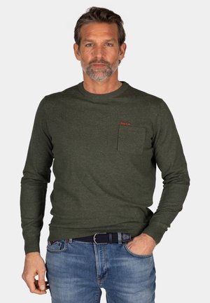 Groen gebreid sweatshirt met een ronde halslijn, lange mouwen, een borstzak aan de linkerkant en een rood logo-detail. Draagt met blauwe jeans en een riem.