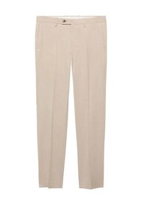 Pantaloni beige su misura con una texture liscia, due tasche laterali e chiusura con un singolo bottone, caratterizzati da un design a gamba dritta.