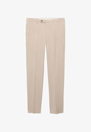 Pantaloni beige su misura con una texture liscia, due tasche laterali e chiusura con un singolo bottone, caratterizzati da un design a gamba dritta.