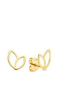 Goldfarbene Steckohrringe mit einem minimalistischen Blattform-Design, offener Struktur und glatter, polierter Oberfläche.