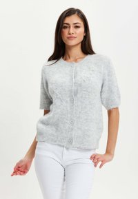 Gray knitted short-sleeve cardigan with a round neckline, button front closure, soft texture, and subtle yellow accents on the fabric.