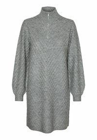 Robe en maille grise avec un col haut et une fermeture à demi-fermeture éclair ; présente des manches volumineuses et un motif en losanges texturé.