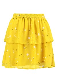 Gonna a strati gialla con elastico in vita, con un motivo a pois bianchi e neri, realizzata in tessuto leggero.
