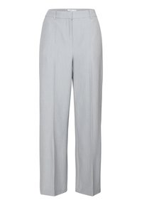 Pantalons gris clair à taille haute avec une coupe droite, présentant une texture lisse et un subtil motif vertical. Pas de poches visibles.
