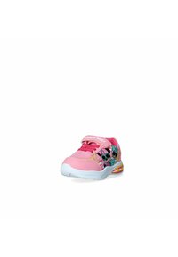Scarpa sportiva rosa con fascia in velcro, caratterizzata da disegni di fiori a cartoni animati. Leggera, con suola bianca e accenti colorati sui lati.