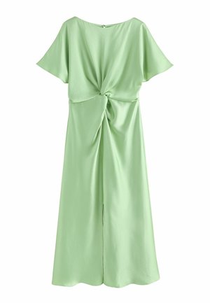 Light green short-sleeve midi dress with front twist detail and soft draping, round neckline, and subtle textured fabric.