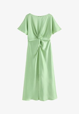 Világoszöld, rövid ujjú midi ruha elöl csavart részlettel és lágy redőzéssel, kerek nyakkivágással, finoman texturált anyagból.