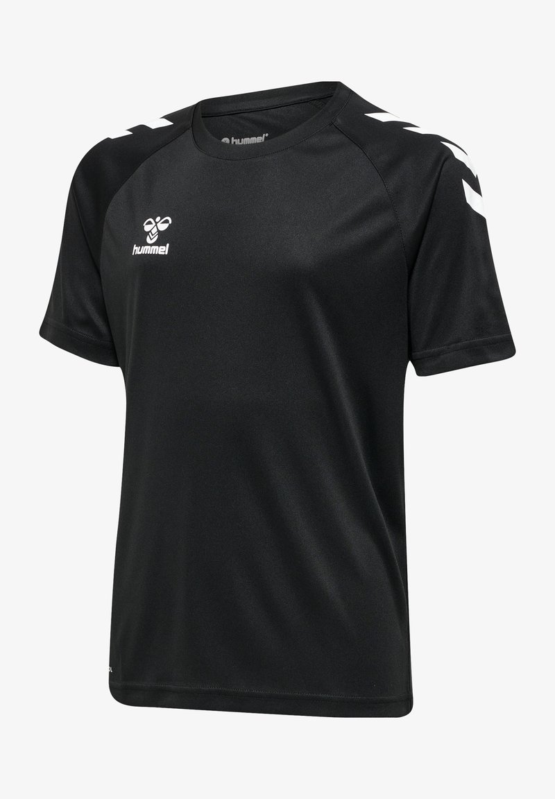Black sports t-shirt made of smooth, moisture-wicking fabric. Features white logo and accents on shoulders, with a crew neckline and short sleeves.