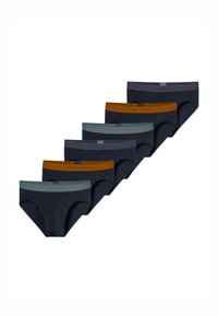 Sechs Paar Herrenunterwäsche in verschiedenen Schattierungen von Dunkelblau, mit kontrastierenden elastischen Taillenbändern in Orange, Türkis und Grau. Weiches Material, klassischer Schnitt.