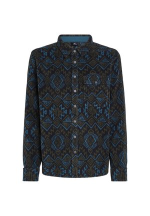 Button-up shirt made of flannel fabric, featuring a dark green and blue geometric pattern, with a chest pocket and a collar.